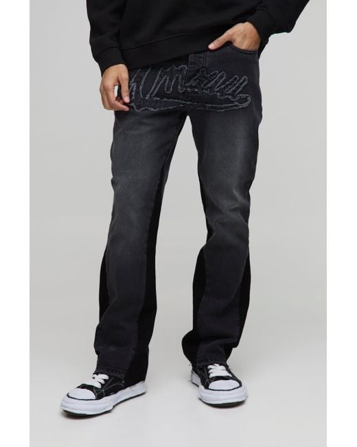 BoohooMAN Blue Slim Flared Mmxiii Applique Gusset Jeans for men