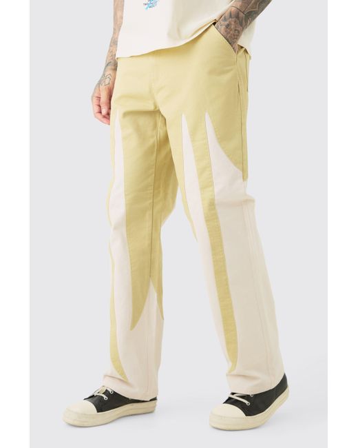 BoohooMAN Tall Fixed Waist Washed Colour Block Twill Trouser in Natural für Herren