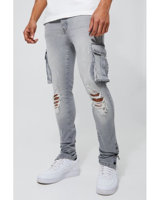 BoohooMAN Skinny Stretch Smoked Popper Hem Cargo Jeans in Gray for Men |  Lyst