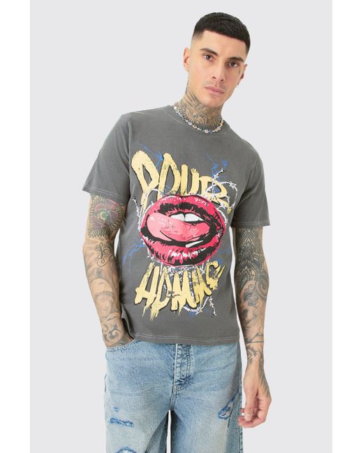Boohoo Gray Tall Pour Lips T-shirt In Acid Wash