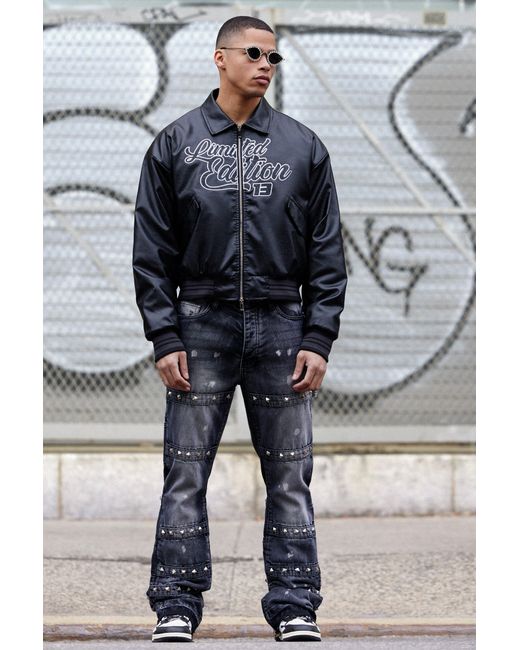 BoohooMAN Blue Slim Rigid Flare Embellished Strap Detail Jeans In Charcoal for men