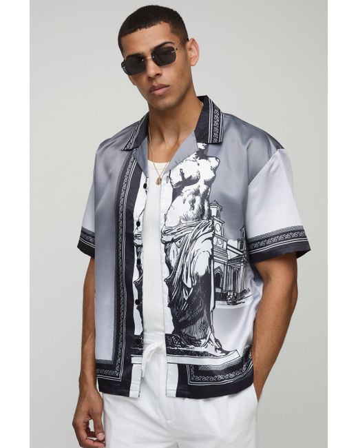 BoohooMAN Blue Satin Oversized Revere Statue Border Shirt for men