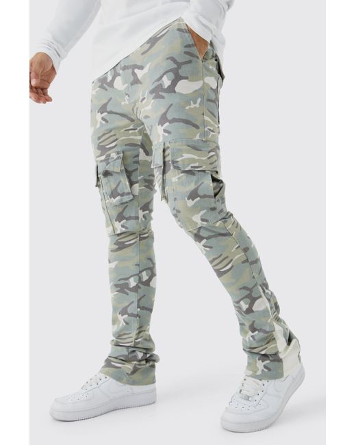 BoohooMAN Gray Skinny Stacked Flare Gusset Camo Cargo Trouser for men