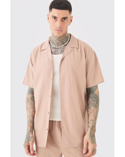 BoohooMAN Natural Tall Linen Drop Revere Shirt In Taupe for men