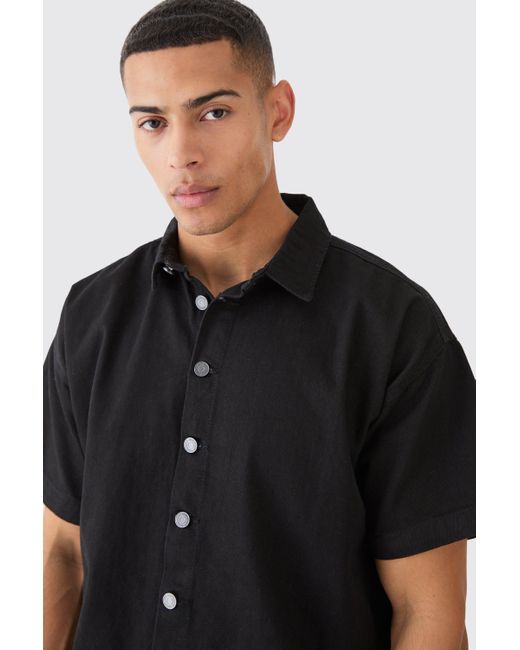 BoohooMAN Black Short Sleeve Boxy Fit Denim Shirt for men