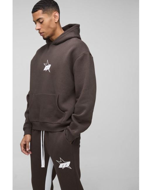 BoohooMAN Brown Oversized Boxy M Star Extended Drawcord Hooded Tracksuit for men