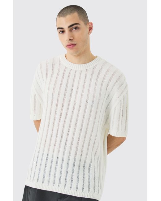 BoohooMAN Oversized Open Ladder Stitch Knitted T-shirt In White for men