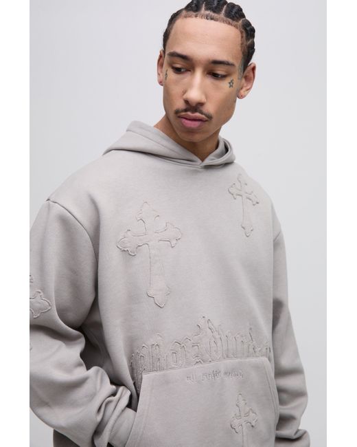 BoohooMAN Gray Oversized Worldwide Cross Applique Hooded Tracksuit for men