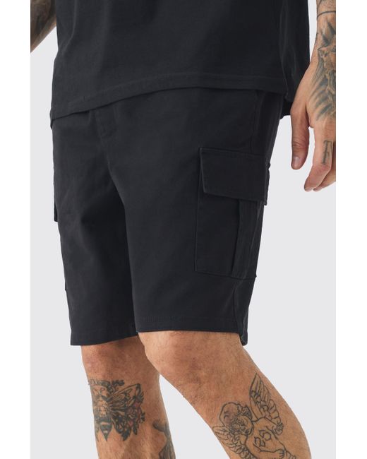 BoohooMAN Tall Elastic Waist Black Slim Fit Cargo Shorts in Blue für Herren