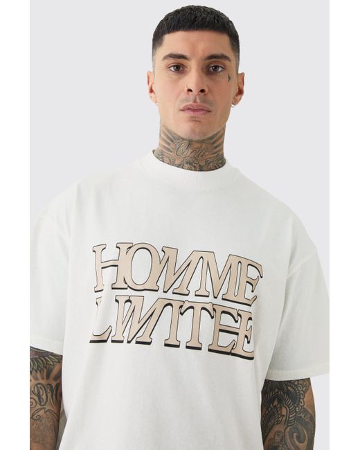 BoohooMAN White Tall Oversized Boxy Extended Neck Homme Ltd T-shirt for men