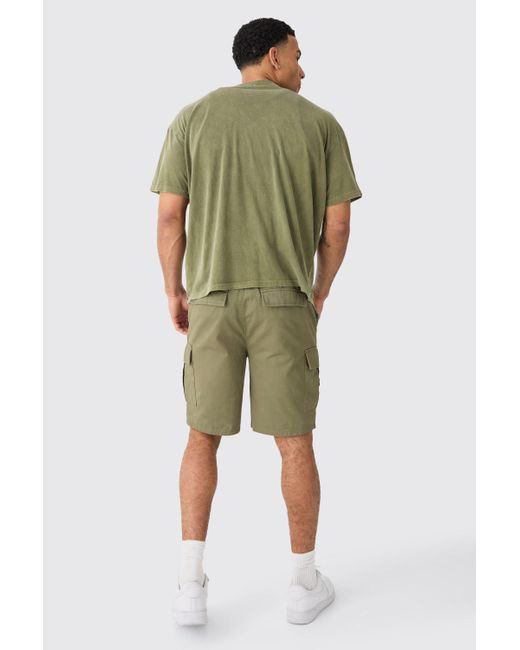 BoohooMAN Green Elastic Waist Khaki Relaxed Fit Cargo Shorts for men