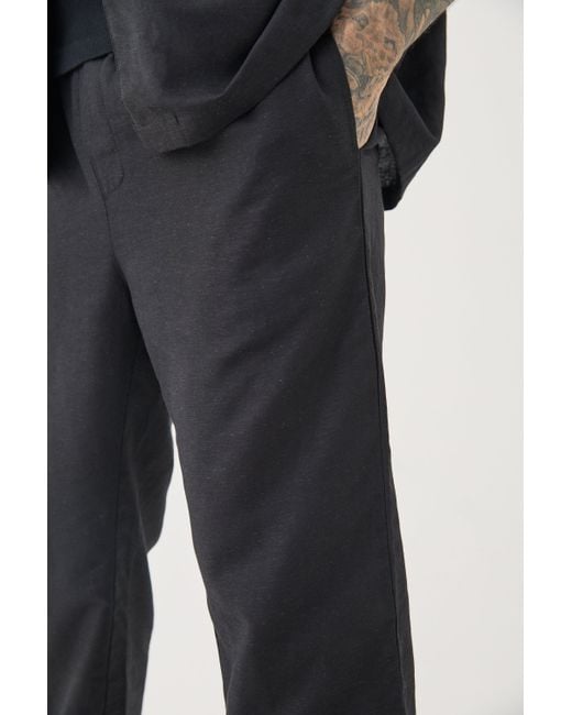 BoohooMAN Tall Elasticated Waist Tapered Linen Trouser In Black für Herren