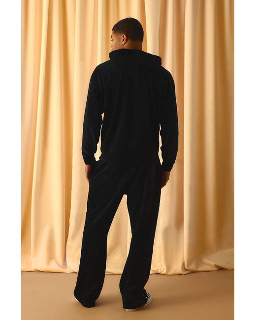 BoohooMAN Black Regular Fit Ribbed Velour Embellished Zip Through Hoodie for men