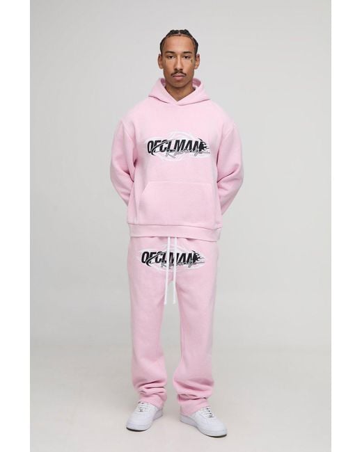 BoohooMAN Pink Oversized Boxy Ofclman Graphic Washed Hoodie & Relaxed Jogger Tracksuit for men