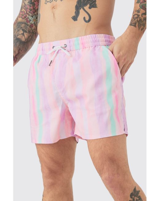 BoohooMAN Mid Length Pastel Stripe Swim Short in Pink für Herren
