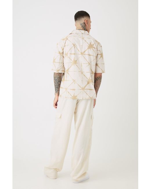 BoohooMAN White Tall Elasticated Waist Oversized Linen Cargo Trouser In Natural for men