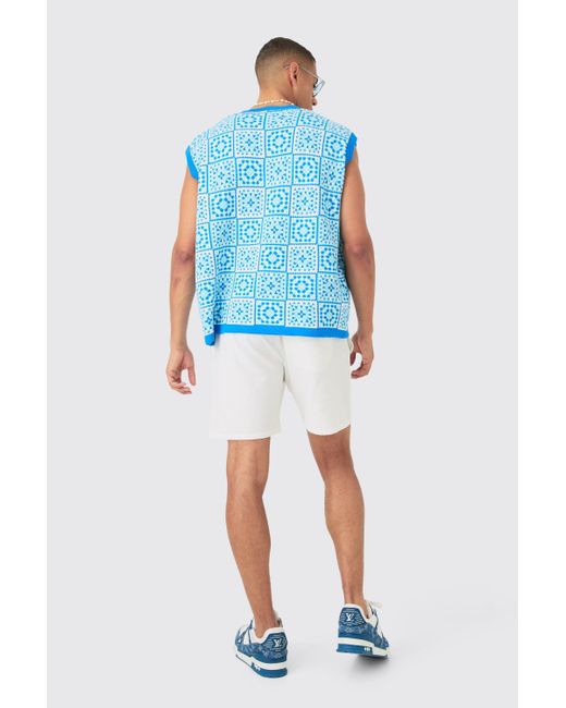 BoohooMAN Blue Oversized V Neck Crochet Knitted Tank for men