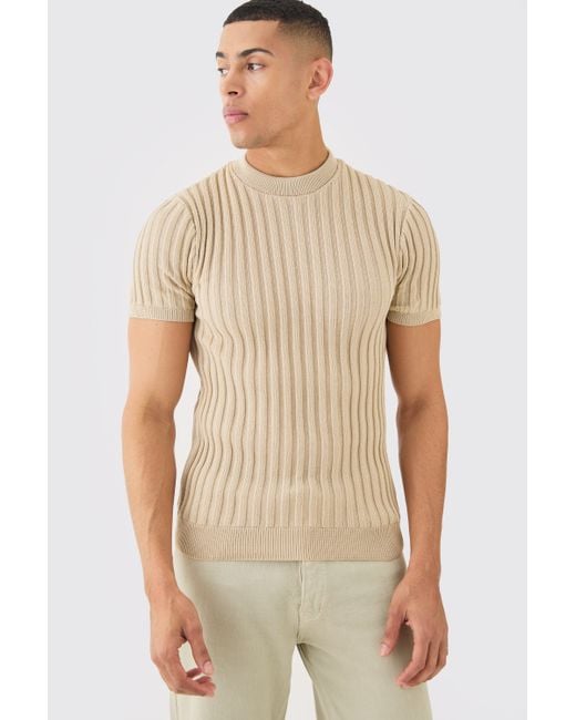 BoohooMAN Natural Muscle Fit Ribbed Knit T-shirt for men