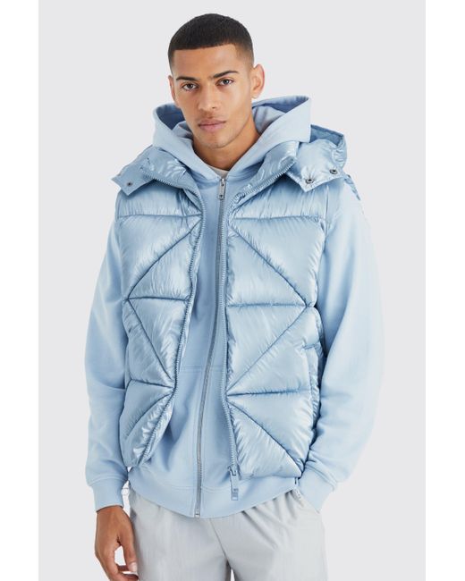 BoohooMAN Blue Metallic Quilted Gilet With Hood for men