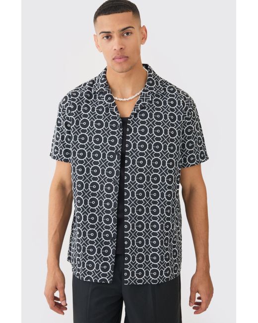 BoohooMAN Blue Short Sleeve Revere Oversized Embroidered Geo Shirt for men