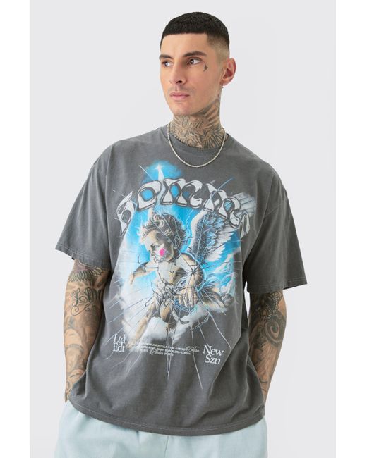 Boohoo Blue Tall Oversized Angel Print Acid Wash T-shirt In Grey