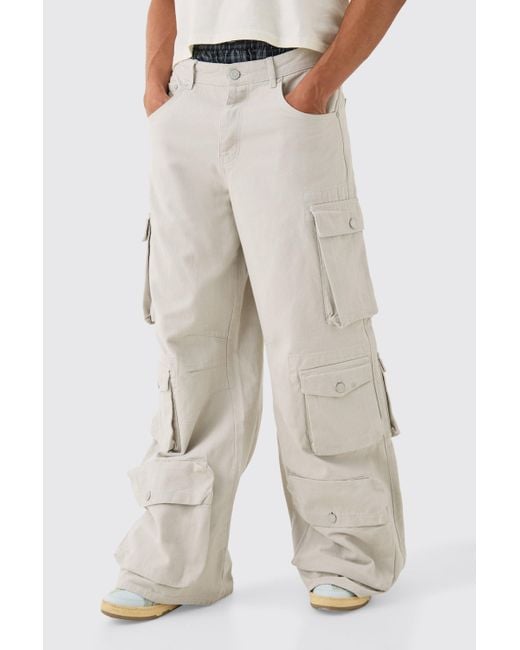 BoohooMAN Extreme Baggy Rigid Multi Cargo Pocket Acid Wash Jean in White für Herren