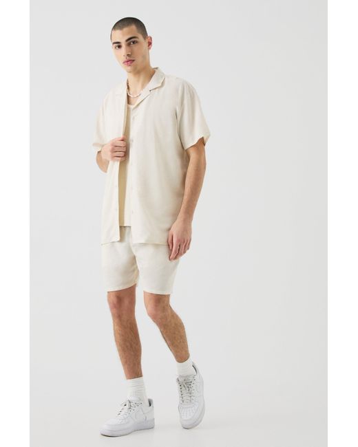 BoohooMAN Short Sleeve Oversized Linen Shirt & Short in Natural für Herren