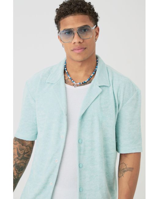 BoohooMAN Blue Drop Revere Towelling Embroidered Shirt And Short Set for men