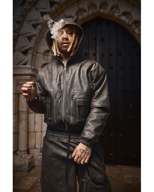 BoohooMAN Trippie Redd Oversized Boxy Pu Horn Detail Bomber