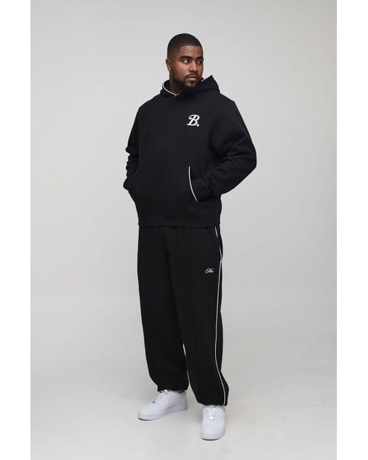 BoohooMAN Black Plus Regular B Embroidered Piped Hoodie & Oversized Jogger Tracksuit for men