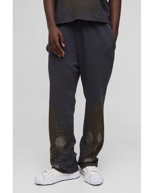 BoohooMAN Black Relaxed Fit Washed Rhinestone Sweatpants for men