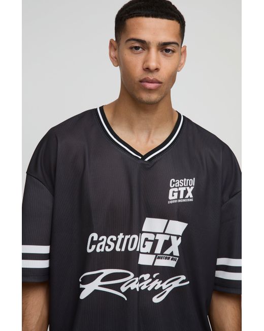 BoohooMAN Blue Oversized Castrol Racing Mesh License Print T-shirt for men