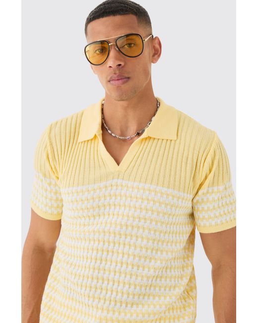 BoohooMAN Yellow Regular V Neck Stripe Knitted Polo for men
