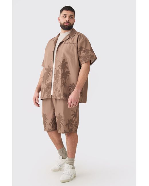 BoohooMAN Gray Plus Soft Twill Palm Hem Oversized Boxy Shirt & Short Set for men