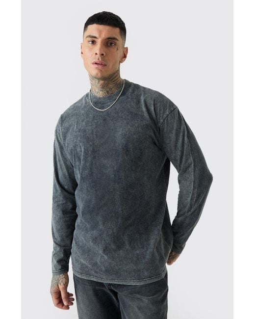 BoohooMAN Blue Tall Oversized Extended Neck Laundered Wash Long Sleeve T-shirt for men
