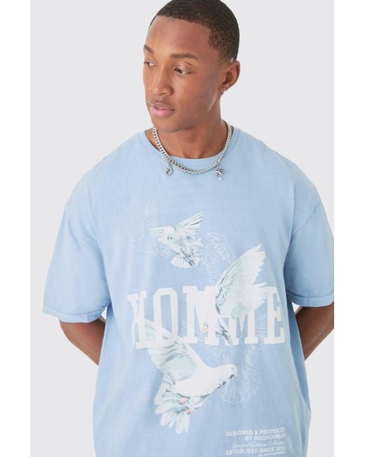 BoohooMAN Blue Oversized Washed Dove Print T-shirt for men