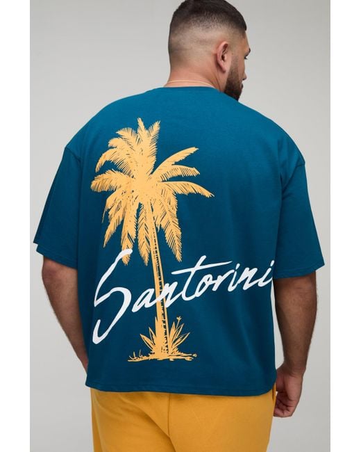 BoohooMAN Plus kastiges Oversize T-Shirt mit Santorini Print in Blue für Herren