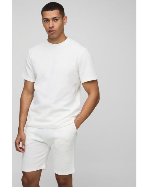 Boohoo White Regular Fit Waffle T-Shirt & Short Set