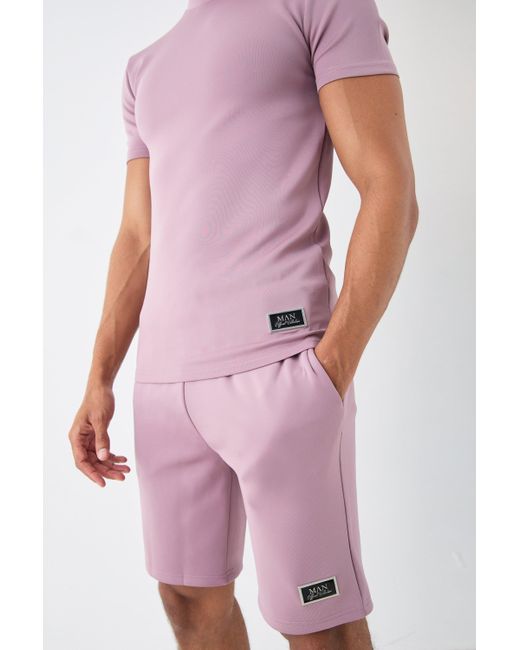 Muscle Fit Scuba T-Shirt & Short Set Boohoo de color Purple