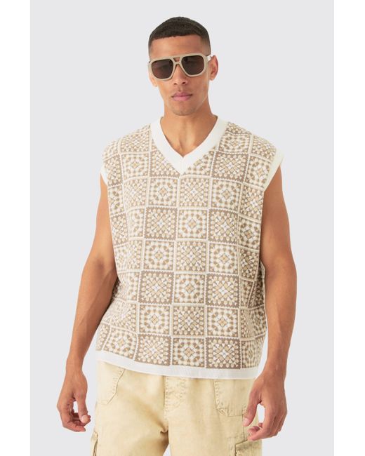 BoohooMAN White Oversized V Neck Crochet Knitted Tank for men