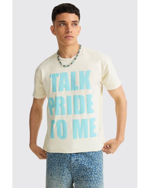BoohooMAN Blue Boxy Talk Pride To Me Distressed T-shirt for men