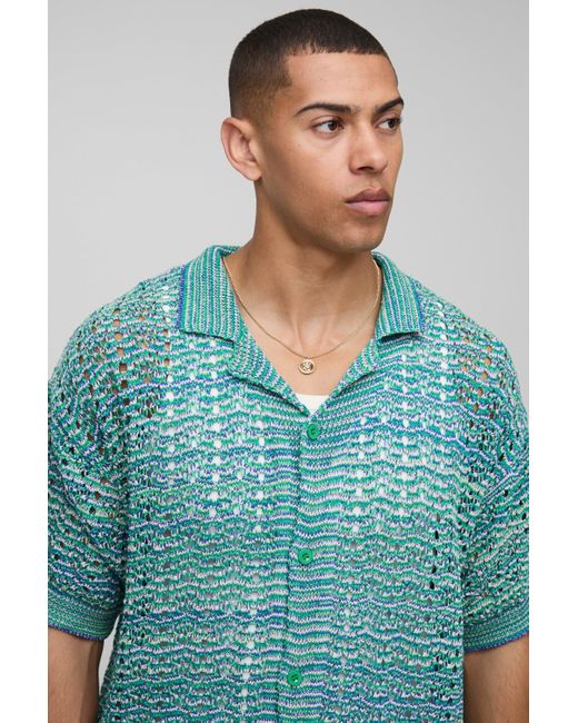 BoohooMAN Blue Boxy Revere Ombre Texture Knitted Shirt for men