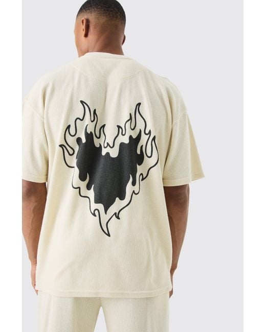 BoohooMAN Natural Waffle Heart Print Lounge T-shirt & Jogger Set for men