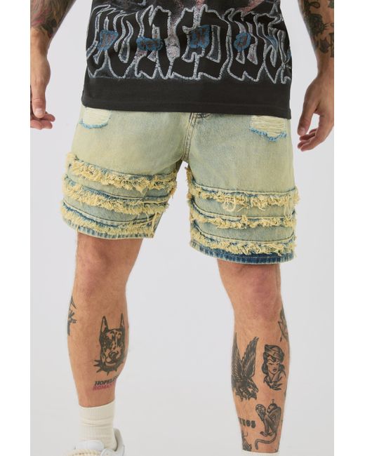 BoohooMAN Green Relaxed Rigid Distressed Denim Shorts In Light Blue for men