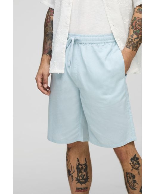 BoohooMAN Mittellange lockere Shorts aus Leinenmischung mit elastischem Bund in Blue für Herren