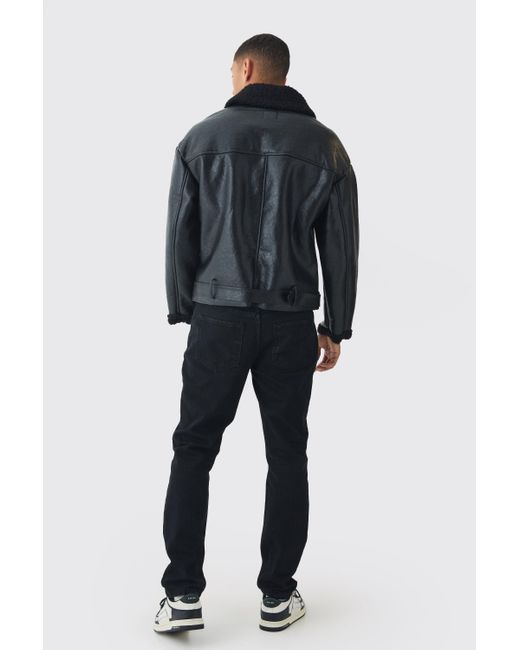 Black oversized pu aviator jacket sales