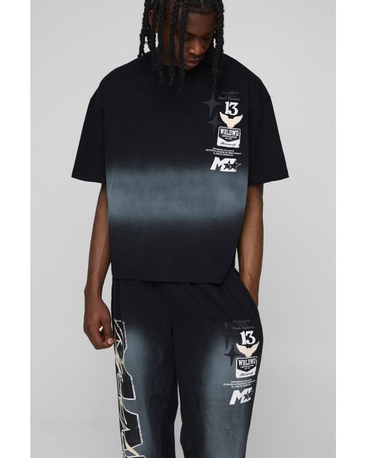 BoohooMAN Black Oversized Man Washed T-shirt & Jogger Long Set for men