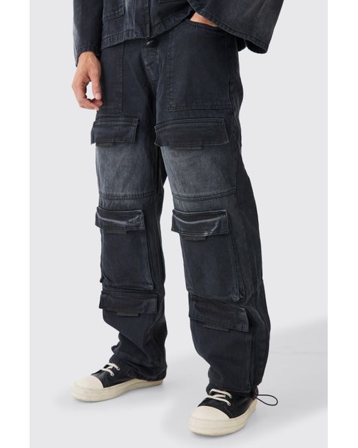 BoohooMAN Black Baggy Rigid Multi Pocket Cargo Jeans for men