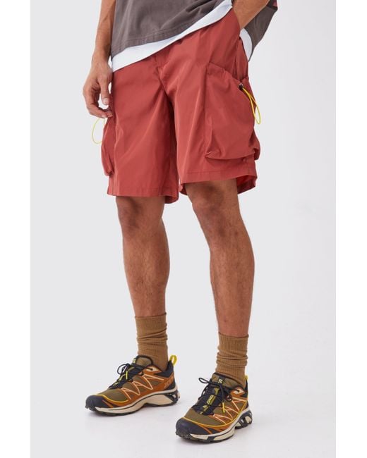 BoohooMAN Red Relaxed Fit Elasticated Waist Nylon Cargo Shorts for men