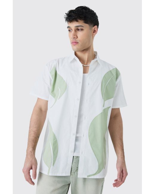BoohooMAN White Short Sleeve Oversized Poplin Leaf Applique Shirt for men
